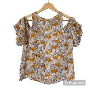 SOPHIE RUE BEIGE/YELLOW/BLUE ABSTRACT FLORAL COLD SHOULDER 100% RAYON TOP, LRG